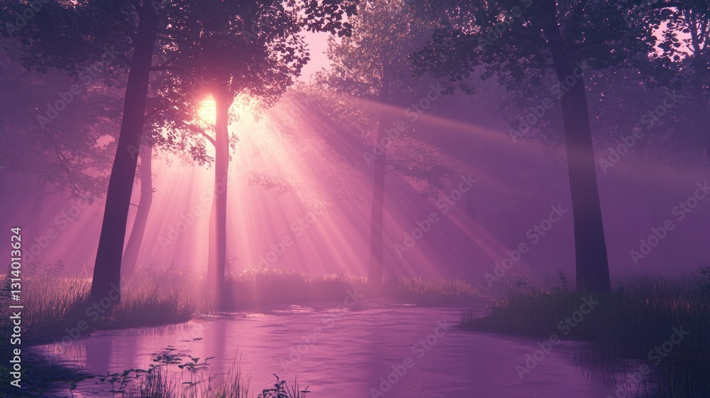 Poster sunlight streams through trees illuminating a tranquil river environment