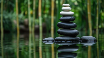 Fototapeta premium Serene Water Lily on Zen Balancing Stones in a Calm Pond