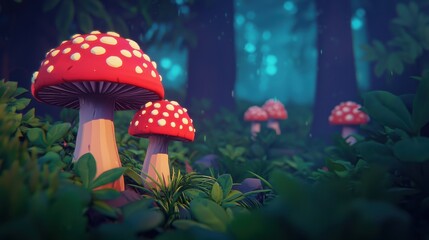Fototapeta premium Enchanted Forest with Vibrant Red and White Mushrooms at Dusk