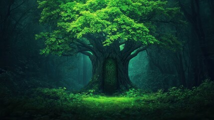 Fototapeta premium Mystical Tree with Ancient Door in Enchanted Forest Setting