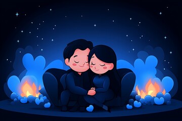 Obraz premium Animated couple embracing near a glowing campfire with starry background