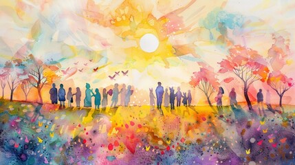 Watercolor artwork of a vibrant Easter sunrise service with a community gathering and cute pastel decorations