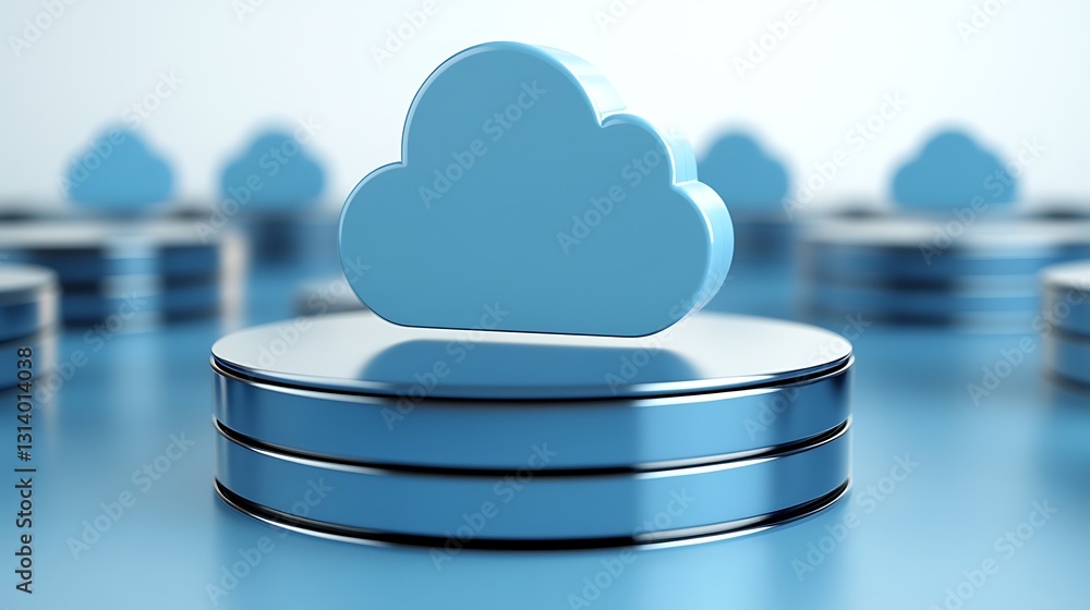 Poster blue cloud icon on metallic discs in soft focus background representing digital data storage concept