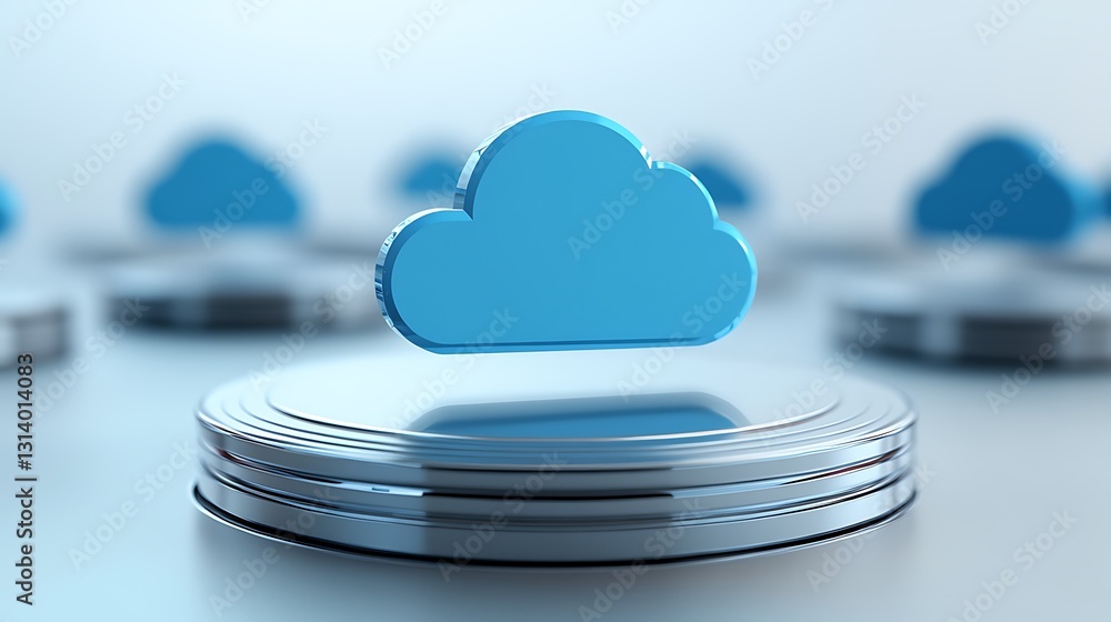 Poster blue cloud icon on metallic surface representing cloud computing and digital storage solutions