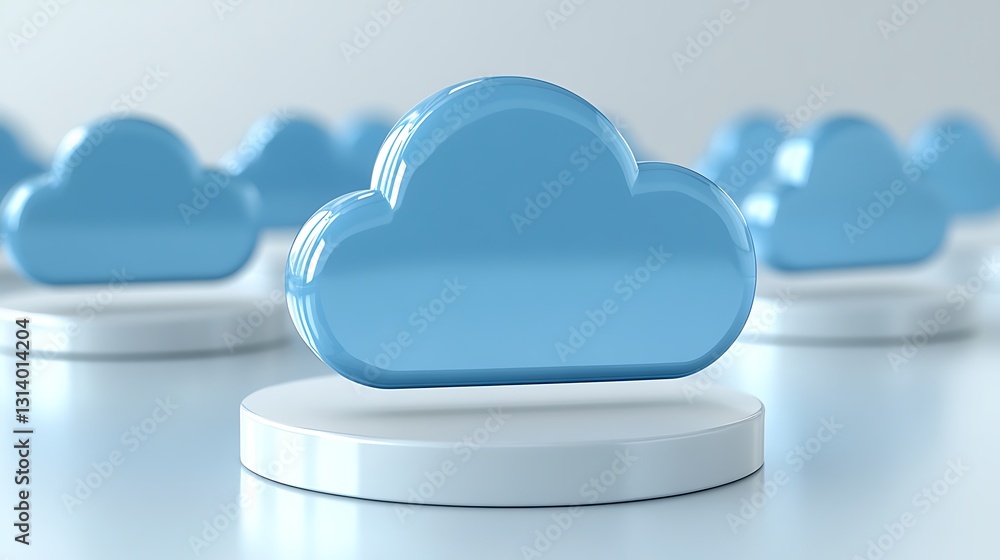 Poster blue cloud icon on pedestal in modern workspace with soft focus and light background for digital con