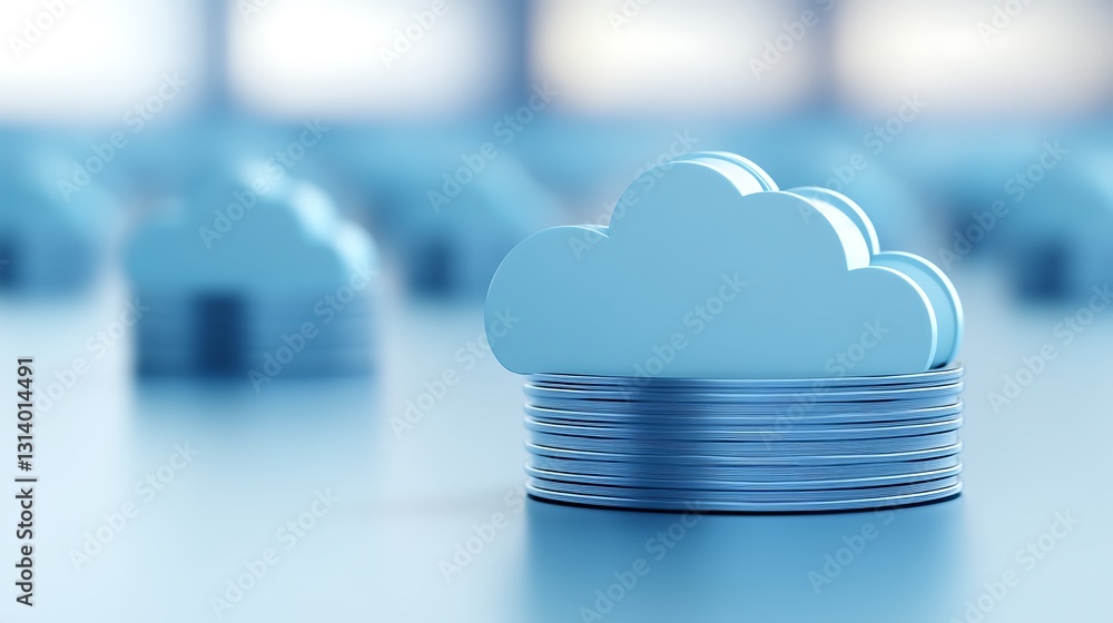 Poster Blue Cloud Icon on Stack of Metallic Disks Representing Cloud Computing and Data Storage Concepts
