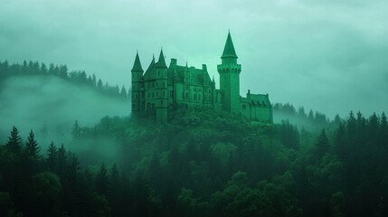 Obraz premium Enigmatic Green Castle Surrounded by Fog in Mystical Forest Landscape