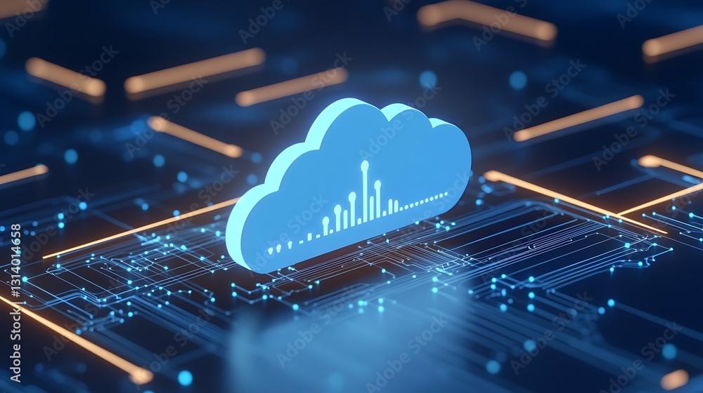 Poster blue cloud icon over digital circuitry background representing modern technology and data analysis s