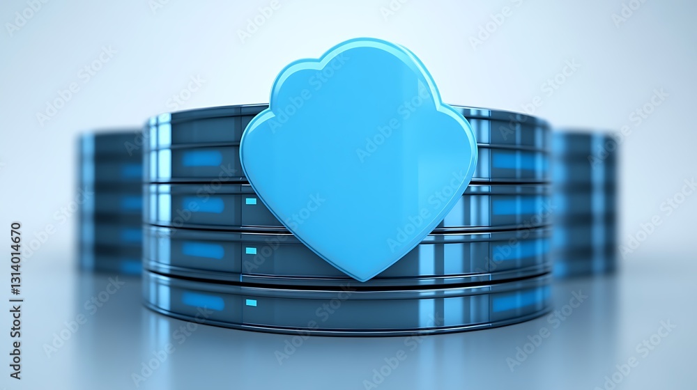 Poster blue cloud icon over layered server stacks symbolizing data storage and cloud computing solutions