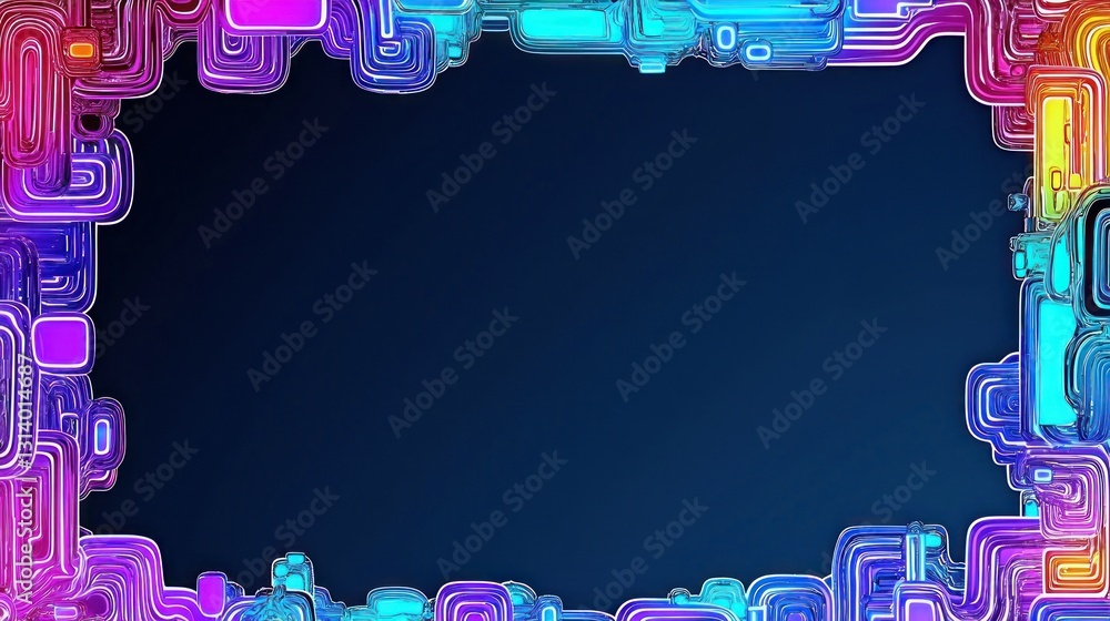 Poster glowing abstract shapes form colorful frame on dark background. geometric pattern