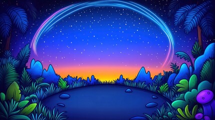 Naklejka premium Glowing arch over lush jungle horizon at dusk, starry sky, vivid colors and cartoonish style
