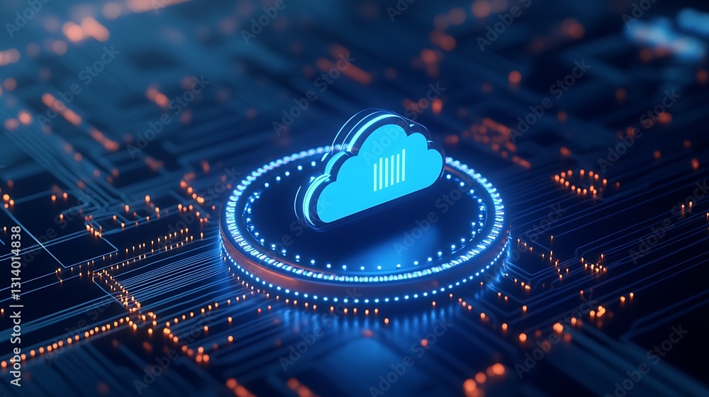 Aufkleber blue cloud icon surrounded by bright circuits and light effects representing cloud computing technol