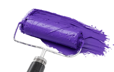 close up, Paint roller with purple paint isolated on transparent background