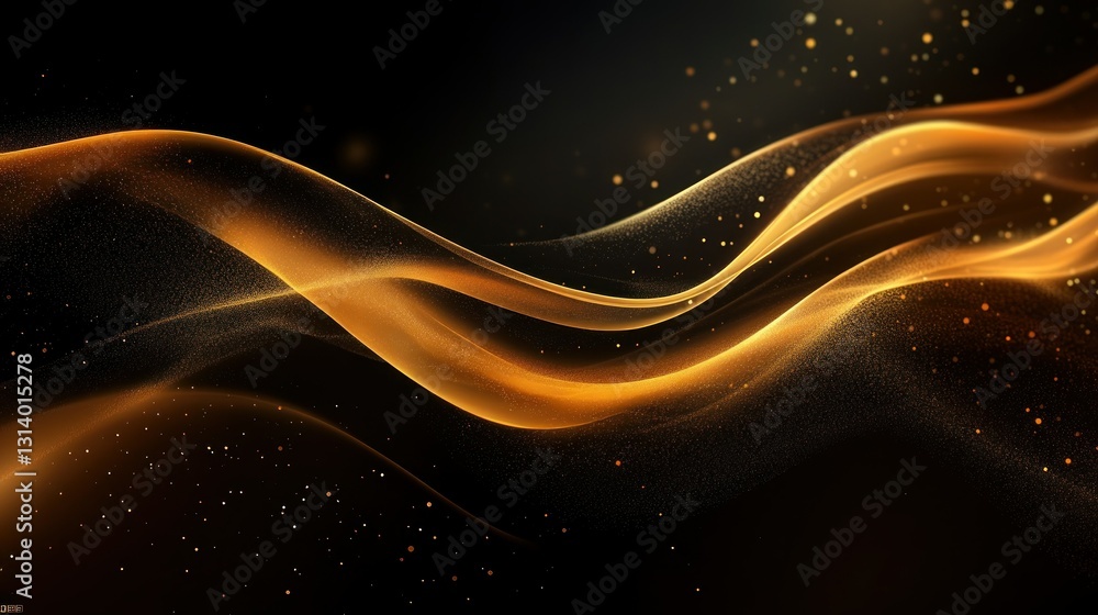 Poster abstract golden waves with sparkling particles on dark background