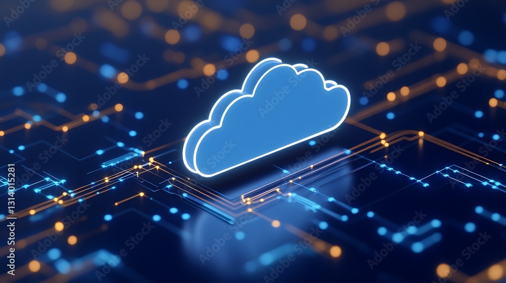 Poster blue cloud icon with bright circuitry background illustrating data storage and cloud computing techn