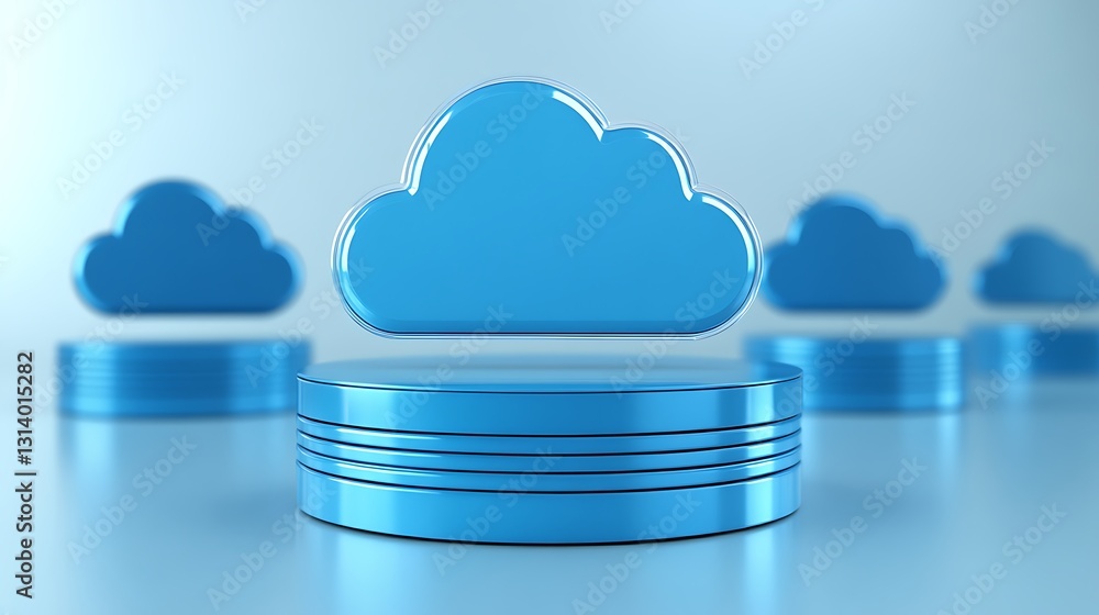 Poster blue cloud icon with databases symbolizing cloud computing and data storage solutions in modern tech