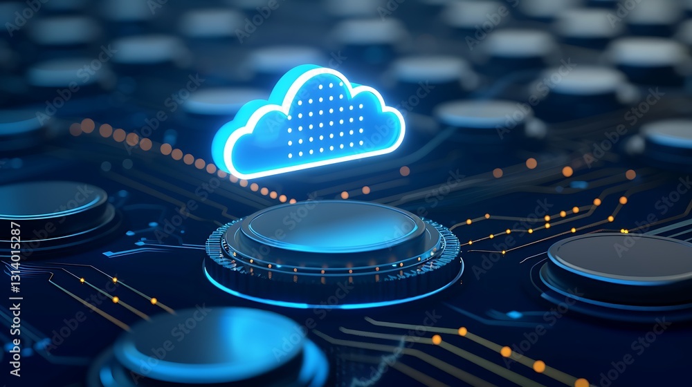 Poster blue cloud icon with digital circuit background representing technology and data storage concepts