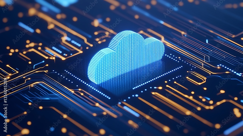 Poster blue cloud icon with circuit pattern background representing digital technology and cloud computing 