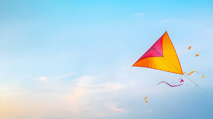 Vibrant Orange And Pink Triangular Kite Soaring In A Clear Blue Sky With Pastel Sunset Clouds Gradient