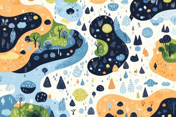 Colorful abstract illustration featuring stylized trees, waterways, and patterns. A playful representation of nature with vibrant colors and whimsical shapes.