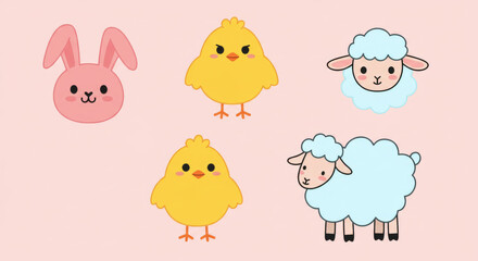 Cute bunny chick and sheep illustrations are arranged on a pink background