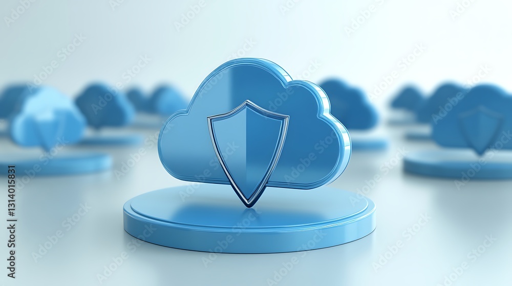 Poster blue cloud icon with shield symbolizing data protection and cybersecurity in digital environment