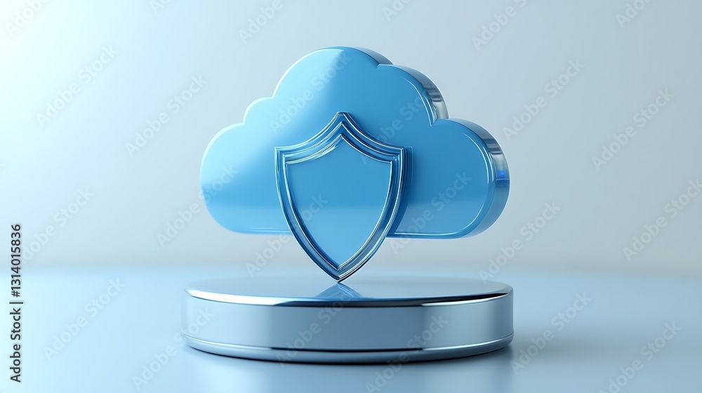 Poster blue cloud icon with shield symbolizing digital security and data protection on a soft gradient back