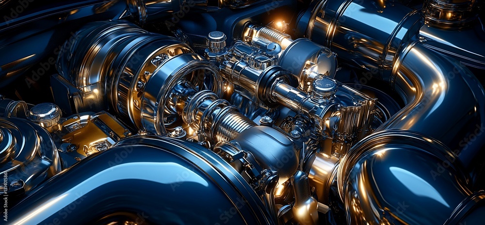 Poster gleaming engine showing intricate parts in an engine bay backdrop