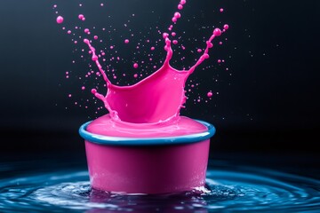 Pink paint splashing from a pink pot submerged in water with black background
