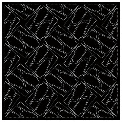 Black background with figures from dots. Black and white pattern for web page, textures, card, poster, fabric, textile. Repeating design.