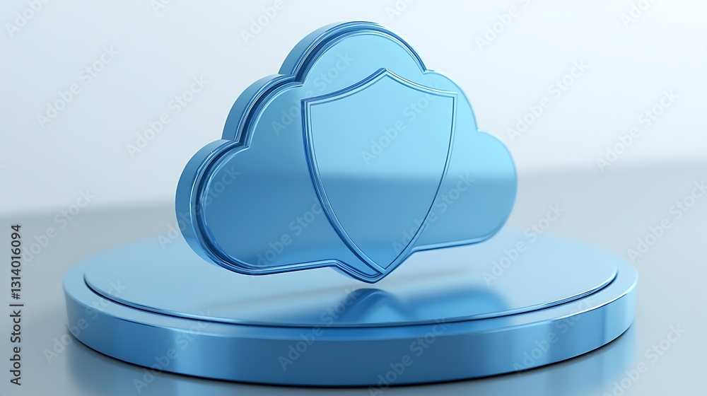 Poster blue cloud icon with shield symbolizing security and protection for digital data storage and online 