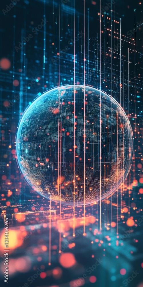 Poster futuristic digital sphere surrounded by glowing data lines and particles in a networked space