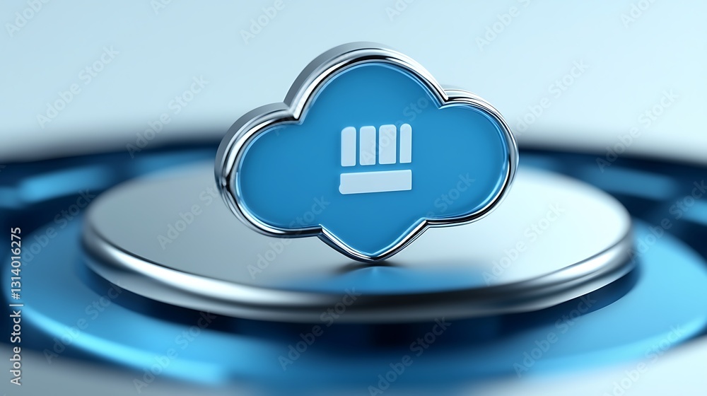Poster blue cloud icon with storage symbol on metallic surface for technology and data management concepts