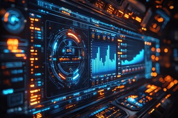 Fototapeta premium Futuristic control panel displays data analysis with glowing digital interface