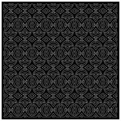 Black background with figures from dots. Black and white pattern for web page, textures, card, poster, fabric, textile. Repeating design.