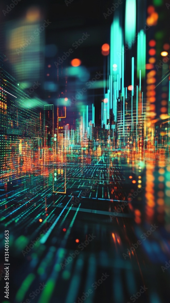 Poster colorful abstract digital visualization with vibrant lights and patterns creating a futuristic atmos