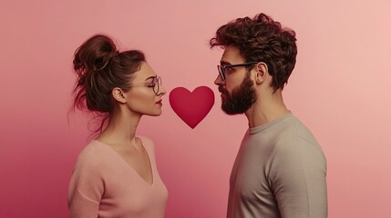 Portrait of a couple with a broken heart on a pink background. The man and woman, who appear to be in love, are engaged in a fight or argument. The width of the frame is set to be wide, and the height