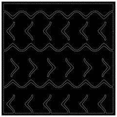Black background with figures from dots. Black and white pattern for web page, textures, card, poster, fabric, textile. Repeating design.