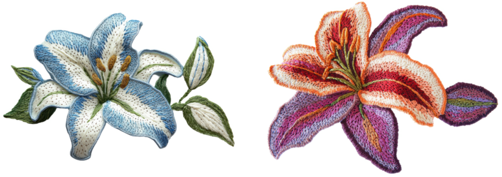 Beautiful floral embroidery art featuring blue and orange lilies textile artwork close-up vibrant colors