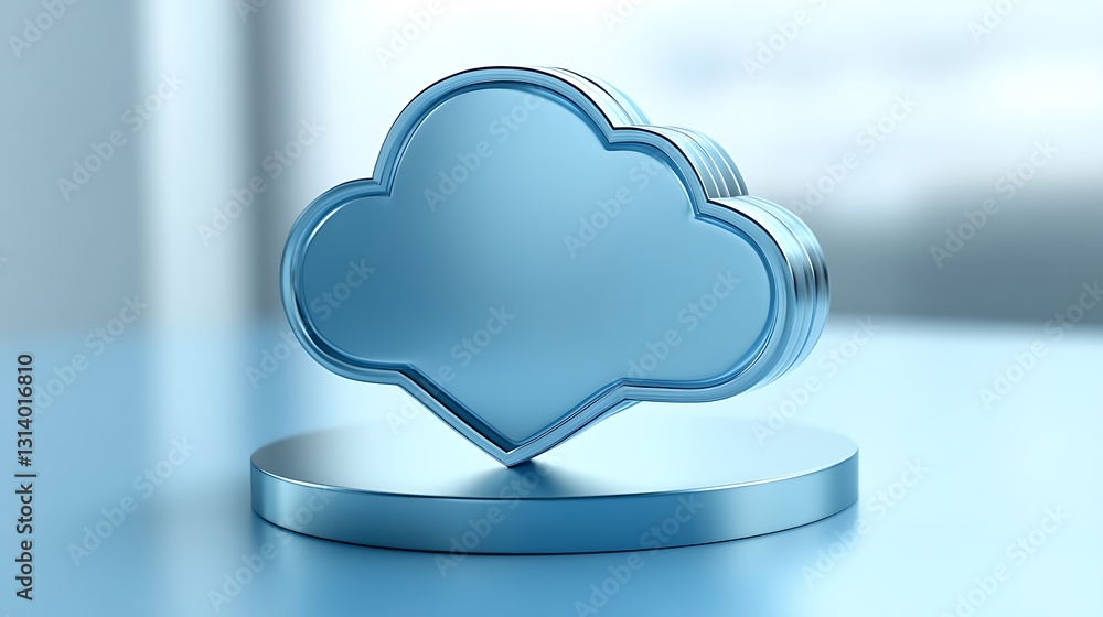Poster blue cloud shape icon on round base with soft focus background for technology or storage concepts