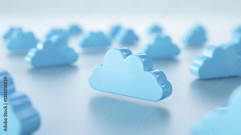 Poster blue cloud shapes floating in a soft background representing digital storage and connection conceptu