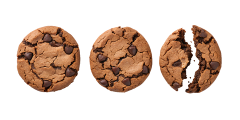 Three Different Styles of Broken Chocolate Cookie on White Background for Rich and Savory Cookie Photography, Cut Out