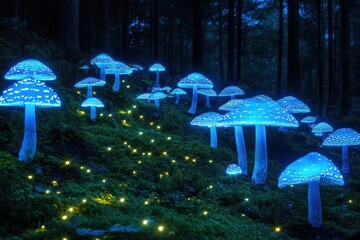 Enchanted Forest: Glowing Mushrooms in a Mystical Night Scene