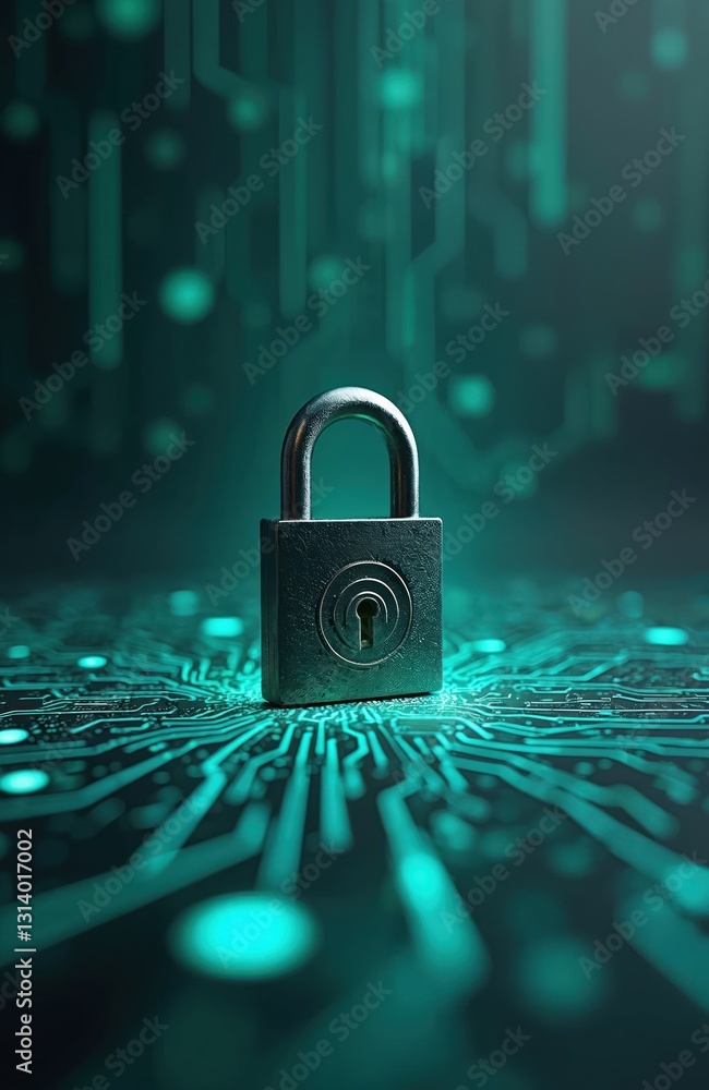 Poster Padlock over abstract glowing green electronic circuit. Cyber security concept for computer system protection. Encryption tech illustration, digital banner. Concept of safety, online security, hacker