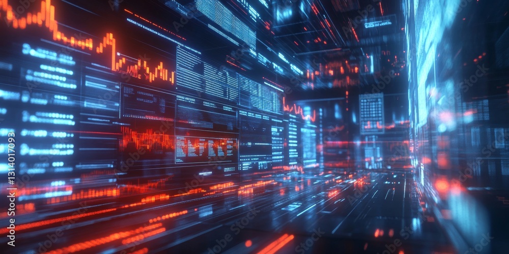 Poster futuristic digital space with neon lights and data visualization displaying information flow