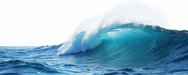 Photo of blue ocean wave barrel with white foam crest. The big natural clean sea water energy with dynamic motion, translucent and clear for surfing background.