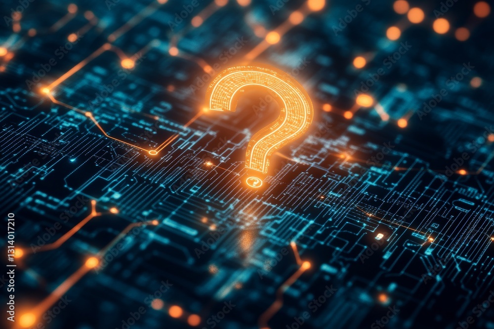 Poster a vibrant digital circuit background featuring a glowing question mark symbol, representing inquiry 