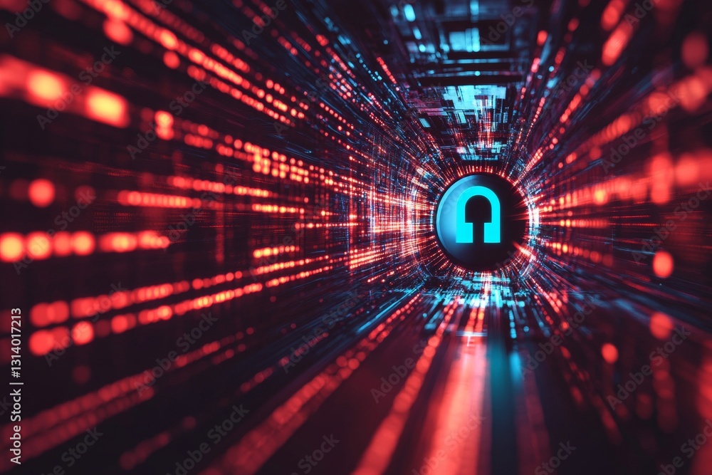 Poster this image features a futuristic lock symbol surrounded by a dynamic data stream, symbolizing digita