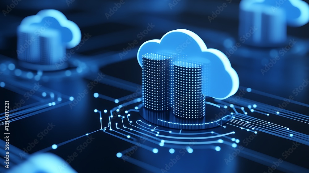Poster blue cloud storage concept with data server and network lines on dark background for technology illu