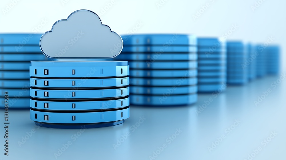Poster blue cloud storage concept with servers and data management for digital information technology servi